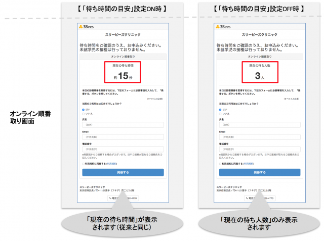 待ち時間の目安非表示(オンライン順番取り)
